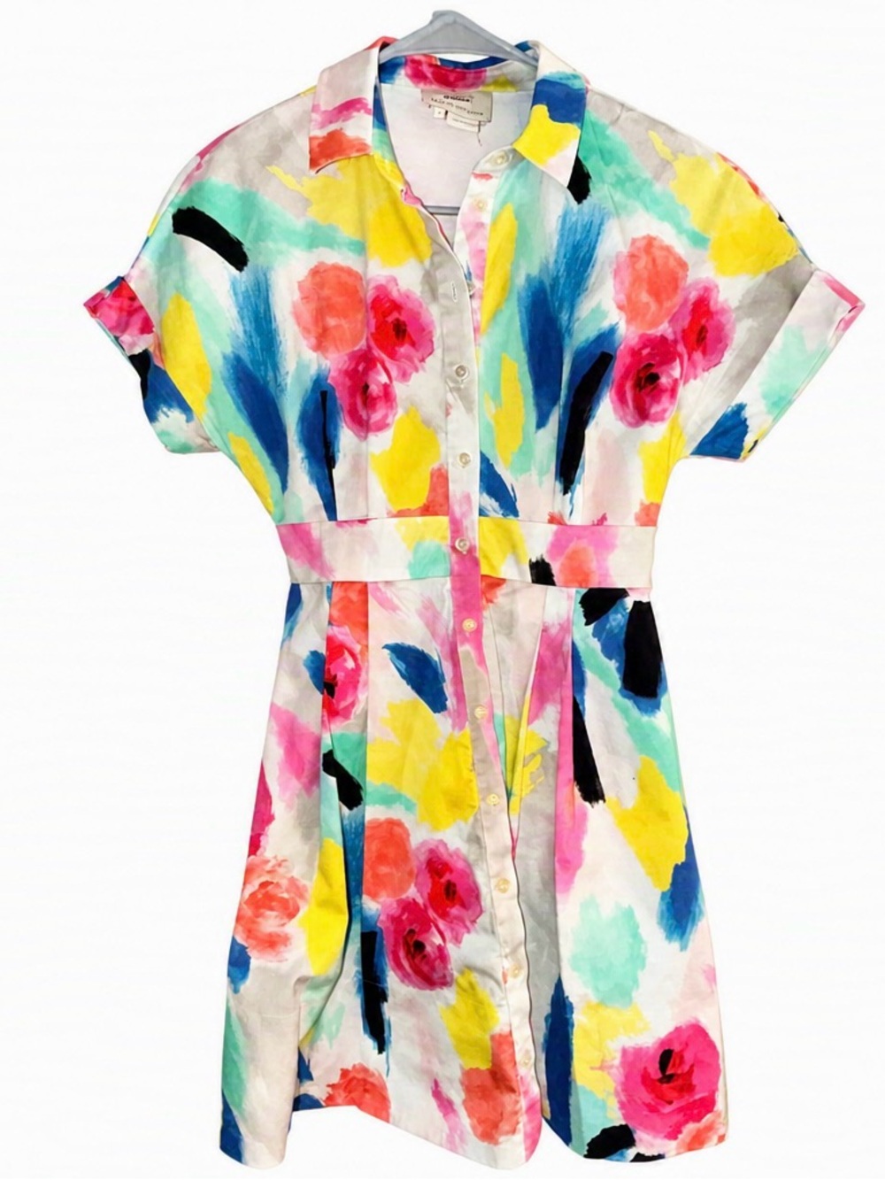 Kate Spade Short‑Sleeve Watercolor Shirt Dress – Painterly Floral Dip‑Tone Sz 0